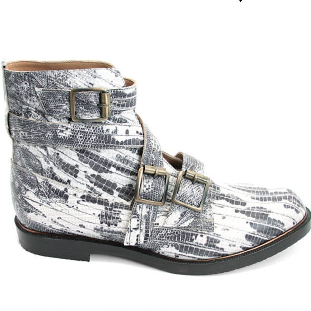 John Fluevog Modvogs Darin Boots Snake Print Leather Buckle Booties - Picture 2 of 13